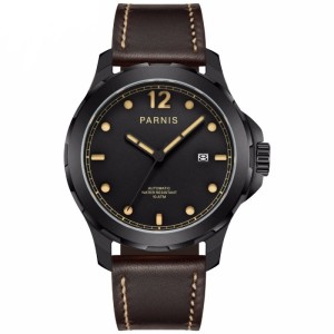 Parnis 44mm Military Watch Men Automatic Wristwatch Sapphire Auto Date Brown Genuine Leather Watchband Mens Mechanical Watch PAR83005