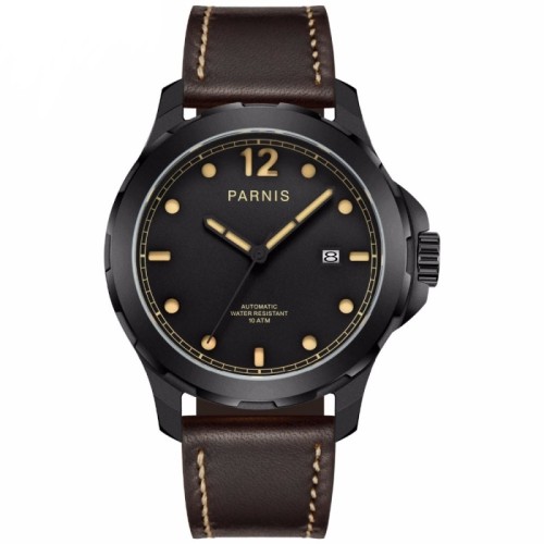 Parnis 44mm Military Watch Men Automatic Wristwatch Sapphire Auto Date Brown Genuine Leather Watchband Mens Mechanical Watch PAR83005