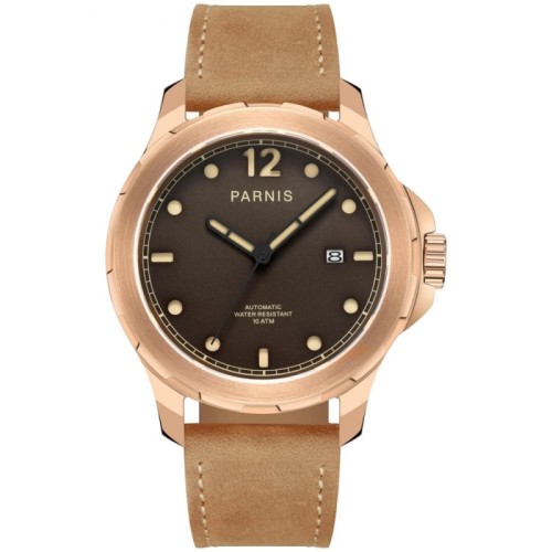 Parnis 44mm Military Watch Men Automatic Wristwatch Sapphire Auto Date Brown Genuine Leather Watchband Mens Mechanical Watch PAR83006