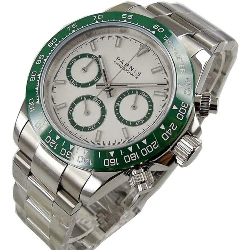 Parnis 39mm Japan Quartz Movement Full Chronograph Function Stainless Steel Band White Dial Luminous Marks Green Bezel Sapphire Glass Mens Watch PAR01001 Parnis 39mm Japan Quartz Movement Full Chronograph Function Stainless Steel Band White Dial Luminous Marks Green Bezel Sapphire Glass Mens Watch PAR01001