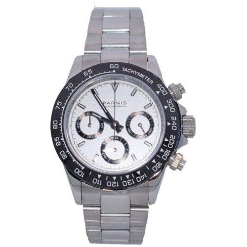 Parnis Sapphire Crystal 39mm White Dial Black Ceramic Bezel Japanese Quartz Movement Chronograph Men's Watch Stainless Band PAR01004