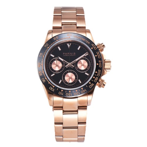 Parnis 39MM Black Dial Mens Waterproof Watch Stainless Steel Strap Auto Date Chronograph Men's Quartz Watches heren horloge PAR01012