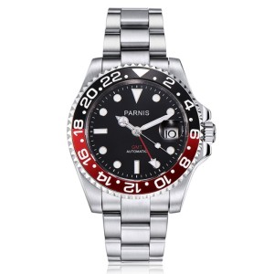 Parnis 40mm Sapphire Glass Red Hand GMT Master Red And Black Bezel Mens Automatic Watch PAR93004G