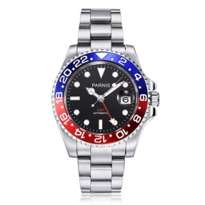 Parnis 40mm Black Dial Sapphire Glass GMT Master Red And Blue Bezel Mens Automatic Watch PAR93005G