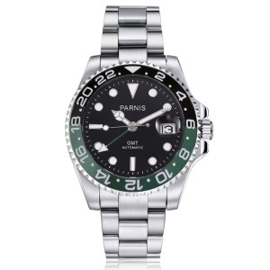 Parnis 40mm Black Green Bezel Mechanical Watches Green GMT Sapphire Crystal Automatic Calendar Men's Wristwatch PAR93014G