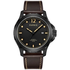 Parnis 44mm Military Watch Men Automatic Wristwatch Sapphire Auto Date Brown Genuine Leather Watchband Mens Mechanical Watch PAR83005