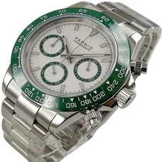 Parnis 39mm Japan Quartz Movement Full Chronograph Function Stainless Steel Band White Dial Luminous Marks Green Bezel Sapphire Glass Mens Watch PAR01001