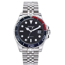 Parnis 40mm Deep Blue Red Bezel Automatic Mechanical Men Watch Calendar Sapphire Crystal Men's Watches Steel 2021 PAR96027