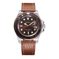 Parnis 40mm Brown Dial Automatic Mechanical Men's Watch Diver Miyota 8215 Men Watches Sapphire Brown Leather Band Man Clock PAR96030