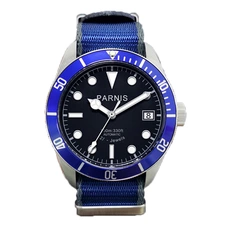 Parnis 41mm Blue Bezel Automatic Luminous Watch 21 Jewel Men's Calendar Mechanical Watches Nylon Strap PA6050 Gifts for Men PAR96038