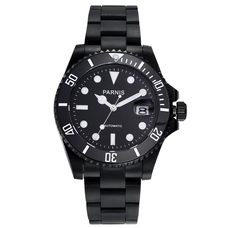 Parnis 40mm Men's Mechanical Automatic Watch Black Stainless Steel Band Men Watches Rotating Bezel Auto Calendar Man Clock 2019 PAR96040