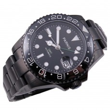 Parnis 40mm Black Dial Ceramic Bezel Black PVD Case GMT Automatic Mens Watch PAR93007V