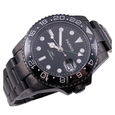 Parnis 40mm Black Dial Ceramic Bezel Black PVD Case GMT Automatic Mens Watch PAR93007V