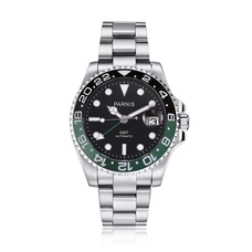 Parnis 40mm Black Green Bezel Mechanical Watches Green GMT Sapphire Crystal Automatic Calendar Men's Wristwatch PAR93014G