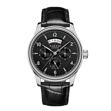 Parnis 42mm Black Dial Casual Automatic Power Reserve Black Leather Strap Clasp Mens Wrist Watch PAR66001