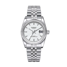 Parnis 36mm Silver Dial Men Watch Automatic Women Stainless Bracelet Mechanical Calendar Sapphire Crystal Casual Watches PAR98001