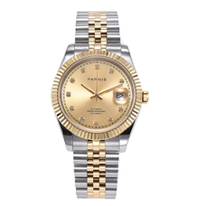 Parnis Gold Dial Mens Watches Calendar silver gold strap Bracelet Clasp Automatic Mechanical Mens Watch PAR98012