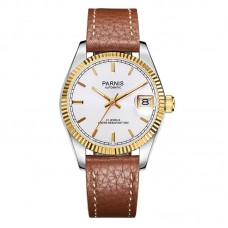 Parnis 36mm Silver Dial Men's Mechanical Automatic Watch Sapphire Crystal Leather Strap Watches 21 Jewels PAR98013
