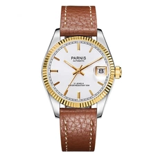 Parnis 36mm Silver Dial Men's Mechanical Automatic Watch Sapphire Crystal Leather Strap Watches 21 Jewels PAR98013