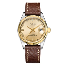 Parnis 36mm Silver Dial Men's Mechanical Automatic Watch Sapphire Crystal Leather Strap Watches 21 Jewels PAR98014