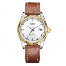 Parnis 36mm Silver Dial Men's Mechanical Automatic Watch Sapphire Crystal Leather Strap Watches 21 Jewels PAR98015