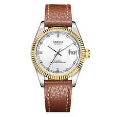 Parnis 36mm Silver Dial Men's Mechanical Automatic Watch Sapphire Crystal Leather Strap Watches 21 Jewels PAR98015