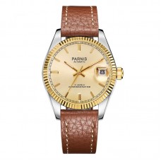 Parnis 36mm Silver Dial Men's Mechanical Automatic Watch Sapphire Crystal Leather Strap Watches 21 Jewels PAR98016