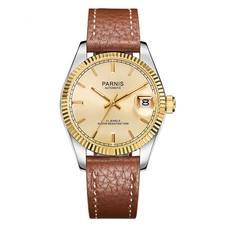 Parnis 36mm Silver Dial Men's Mechanical Automatic Watch Sapphire Crystal Leather Strap Watches 21 Jewels PAR98016