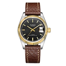 Parnis 36mm Silver Dial Men's Mechanical Automatic Watch Sapphire Crystal Leather Strap Watches 21 Jewels PAR98018