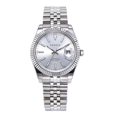 Parnis Mechanical Mens Watches Silver Stainless Steel Bracelet Calendar Silver Dial Automatic Mingzhu 2813 Movement Mens Watch PAR98025
