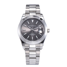 Parnis Gray Dial Men's Watches Calendar Japan Movement 21 Jewels Automatic Mechanical Stainless Steel Strap Mens Watch PAR88001