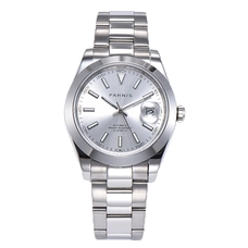 Parnis 39.5mm Silver Dial Automatic Mens Watches Silver Stainless Steel Bracelet Mechanical Mens Wristwatch PAR88008