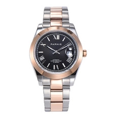 Parnis 39.5mm Black Dial Automatic Mechanical Men's Watches Calendar Japan Movement Rose Gold Bezel Men Watch PAR88012