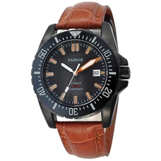 Parnis Black dial Ceramic Bezel 20atm Automatic Mens Leather Diving Watch PAR06004G