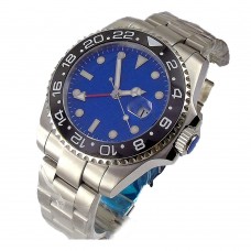 PARNIS 40MM Blue Sterile Dial Black Ceramic Bezel Red GMT Hands Automatic Movement Men's Wrist Watches PAR51012G